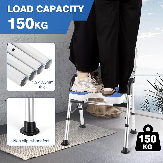 DEWEL Foldable Shower Chair for Elderly and Disabled, Folding Shower Seat with Armrests and Back Height Adjustable, Aluminum Alloy Bath Seat for Inside Shower, 330lbs Capacity (Blue)