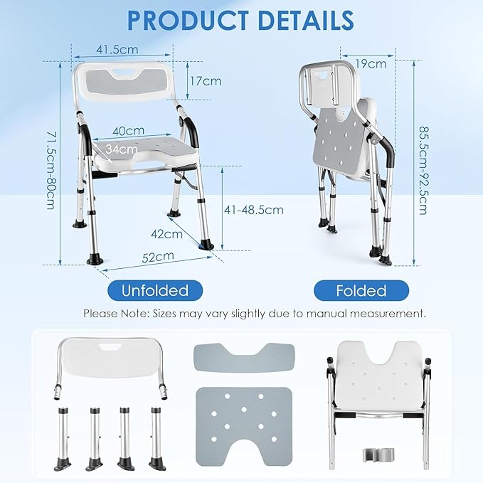 DEWEL Foldable Shower Chair for Elderly and Disabled, Folding Shower Seat with Armrests and Back Height Adjustable, Aluminum Alloy Bath Seat for Inside Shower, 330lbs Capacity(Gray)