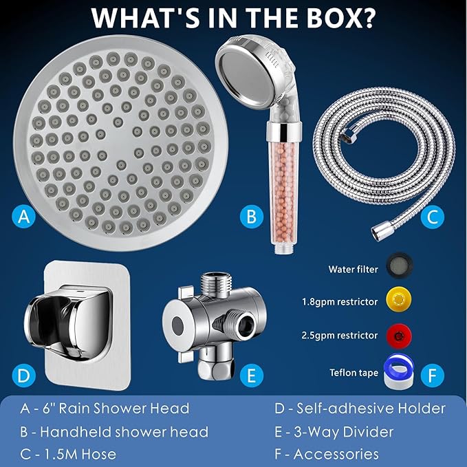 Voolan High Pressure Rain Shower Head with Handheld Spray Combo, Hand Held Filter Showerhead with Self-adhesive Holder and 59" Hose (Round, Chrome)