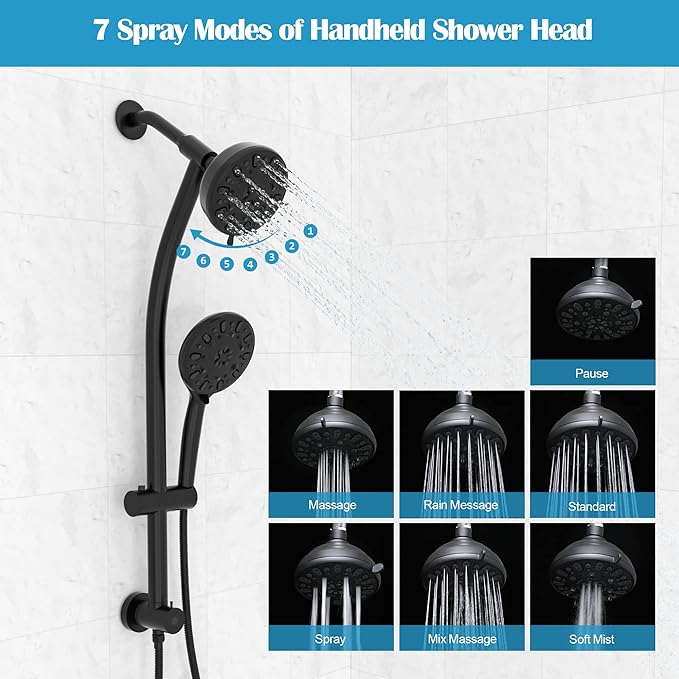 Lordear Rain Shower Head with Handheld Spray 7 Functions 3-Way Water Diverter Double Rain Hotel Spa Dual Bathroom Rain Shower Head Combo, Adjustable Sliding Bar,Black