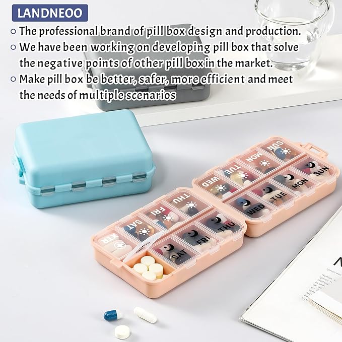 Foldable Weekly Pill Organizer 2 Times a Day with 2 Extra Compartments (Clear Printed Labels) - Portable 7 Day AM PM Medicine Box, Week Daily Travel Pill Case Holder for Vitamin, Supplement - Sky Blue