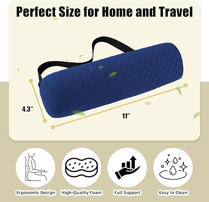 Lumbar Roll Pillow for Lower Back, Lumbar Support Foam Roll Cushion with Pillowcase and Upgraded Strap for Office, Chair, Car, Seat Pain Relief & Improving Posture (Dark Blue, Short-11*4.3'')