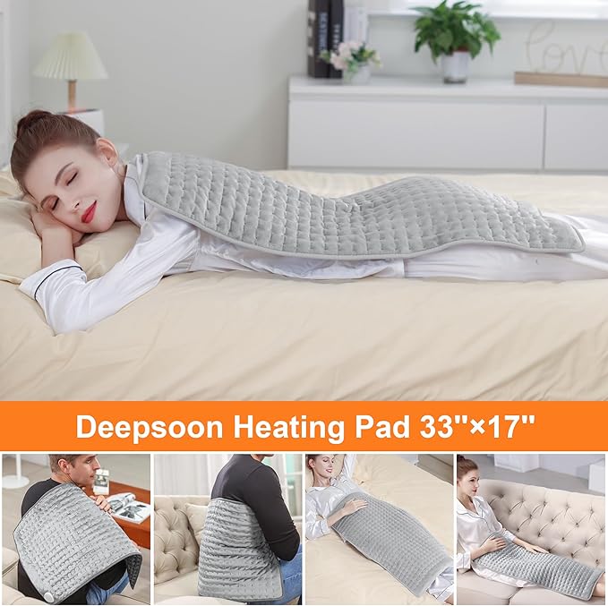 Deepsoon Heating Pad,Electric Heating Pads for Back,Neck,Moist Heating Pad for Abdomen Shoulder Knee Legs,Dry/Moist Heat&Auto Shut Off,Mother's Day Birthday for Men and Women,Light Gray,33x17 Inch