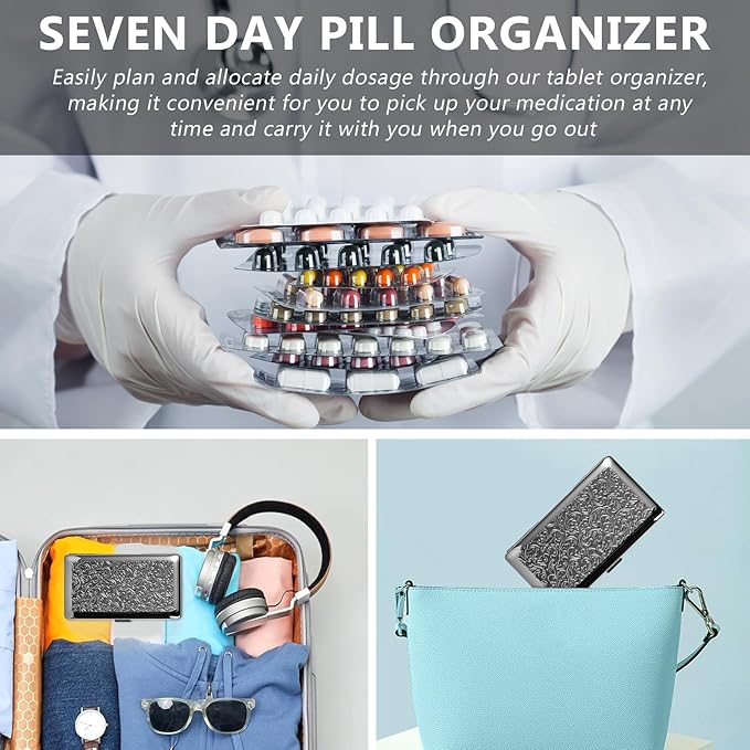 Portable 7-Day Metal Pill Case, Featuring 8 Compartments—Perfect for Travel. BPA-Free. (L-Black, Large)