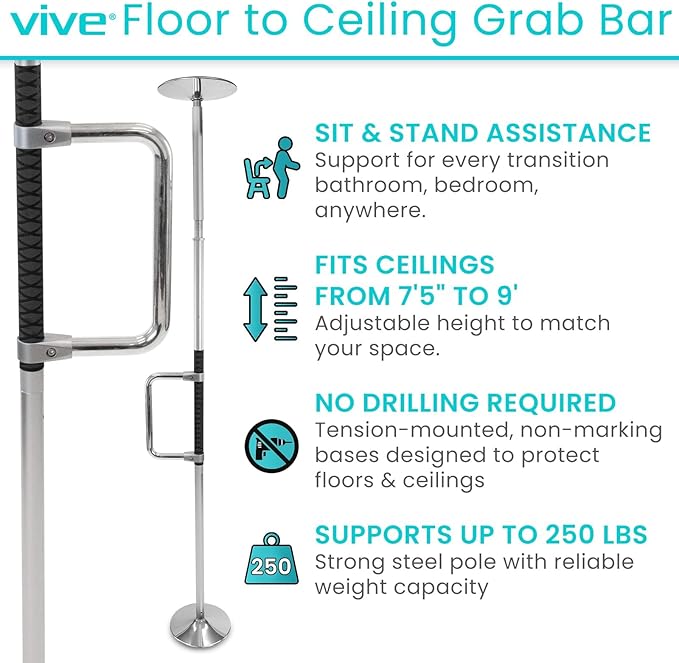 Vive Floor to Ceiling Grab Bar - Stand Assist Aid for Elderly - Shower Safety Bar for Seniors - Stand Assist Transfer Pole - Shower Support Pole - Toilet Rail for Disabled & Handicap Security