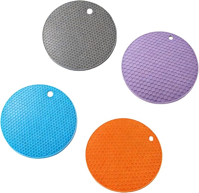 Set of 4 Multifunctional Silicone Grippers, Gray Purple Blue Orange Jar Openers and Trivet Mats, Non-Slip Lid Opener for Weak Hands, Heat Resistant Hot Pads for Kitchen (17.5cm Round)