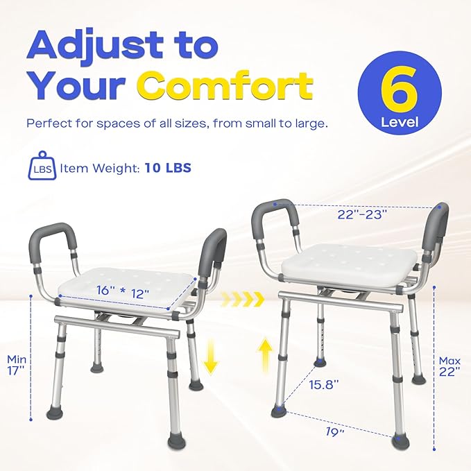 360° Swivel Shower Chair with Arms, Heavy-Duty Shower Stool for Inside Shower Stall and Tub, Safety Height Adjustable Shower Seat for Elderly and Disabled