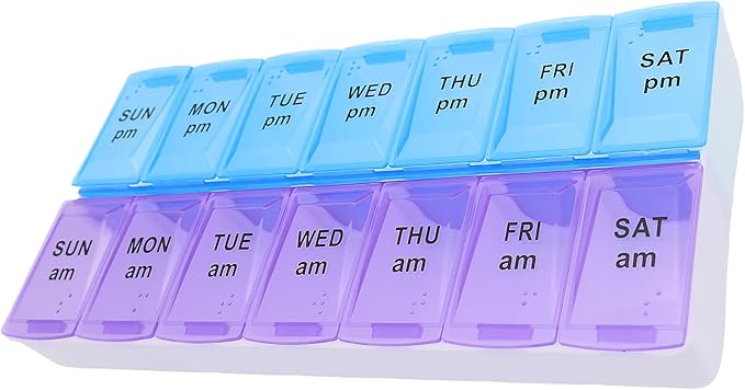 7 Day Weekly AM PM Pill Organizer, ShysTech Large Pill Case Pill Box for Pills Vitamin Supplements Medication (Purple/Blue)