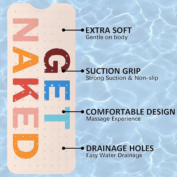 Get Naked Bath Mat for Tub, Non Slip Bathtub Mat for Baby Rubber Tub Mat, Cute Kids Bath Mats for Bathroom Funny Anti Slip Shower Mat with Suction and Drain Holes Machine Washable, 40″X16″