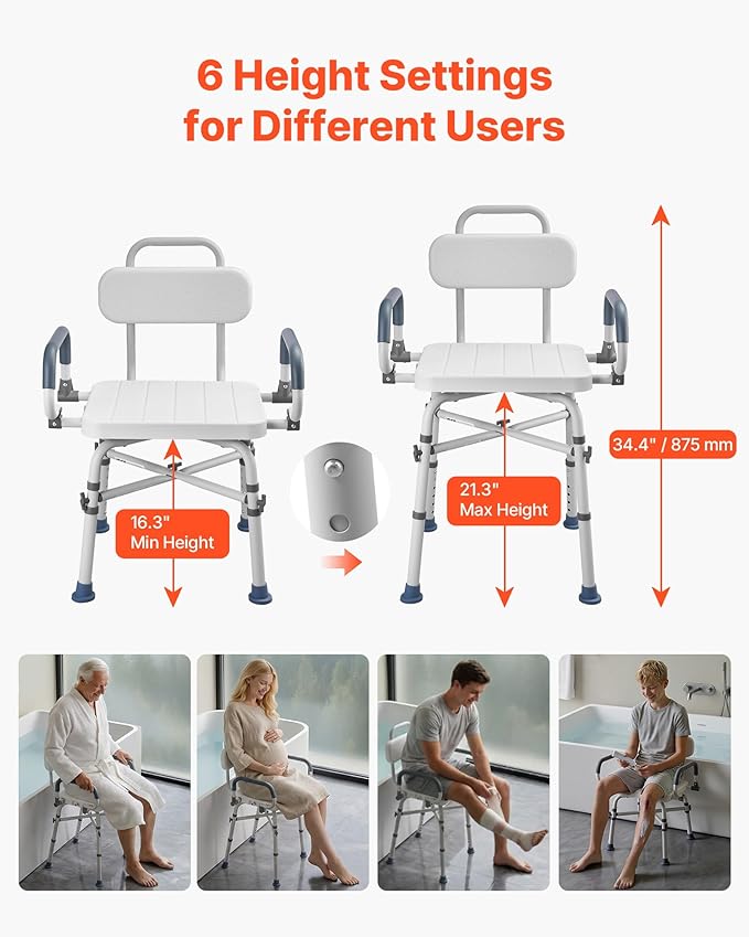 VEVOR Swivel Shower Chair with Arms and Back, 500 lbs Heavy Duty Bench Seat for Inside Shower Stall and Bathtub, Height Adjustable Bathroom Bath Tub Seat for Adults, Seniors, Elderly and Disabled