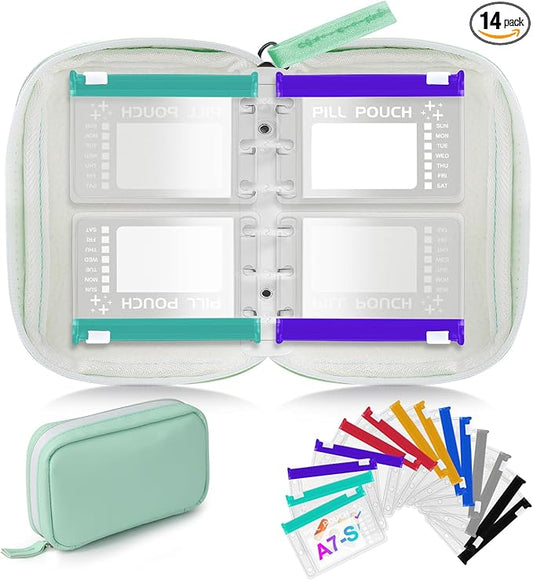 Timueetech A7 Waterproof Pill Organizer with 14 S Zippered Pill Pouches for A7 Binder, Small BPA-Free Weekly Medicine Organizer, Color-Coded Reusable Travel Pill Storage System
