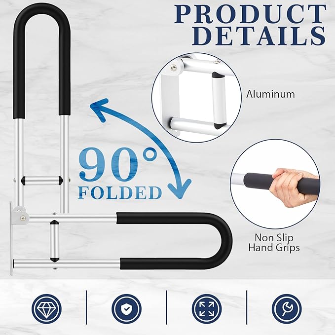 Zonon 2 Pack Flip Up Toilet Safety Rails, Anti Slip Extra Long Handicap Grab Bar with Paper Holder, Heavy Duty Bathroom Support Rail for Elderly Disabled Pregnant(Aluminium Alloy,23.6 Inch,Stylish)
