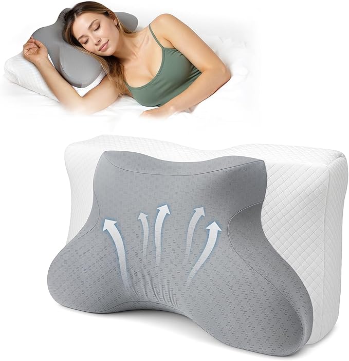 Cervical Neck Pillow for Sleeping, Adjustable Ergonomic Pillow, Contour Neck Support Side Sleeper Pillows for Adults, Memory Foam Bed Pillow for Neck and Shoulder Pain Relief, Back,Stomach Sleeper