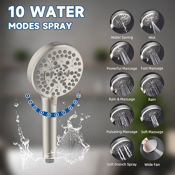 All Metal Dual Shower Head Easy Reach, High Pressure 10-Spray Handheld & Rainfall Shower Head Combo with Shower Extension Arm, 71" Hose, 3-way Diverter, Brass Shower Bracket, Brushed Nickel