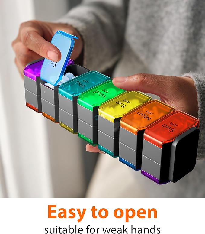 Extra Large Pill Organizer 2 Times a Day – XL Pill Box 7 Day with Big AM/PM Compartments – Fits Large Vitamins, Supplements & Gummies, for 7 or 14-Day Use, Color-Coded, Senior-Friendly, No Spills