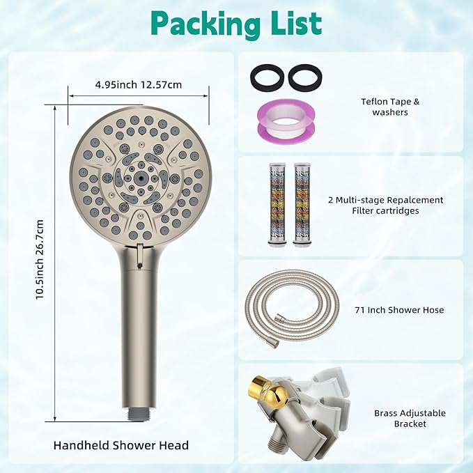 Hibbent Filtered Shower Head with Handheld, High Pressure 10 Spray Showerhead with Filters, Water Softener for Hard Water-Remove Chlorine, Reduces Dry Itchy Skin, Improve Skin& Hair, Brushed Nickel