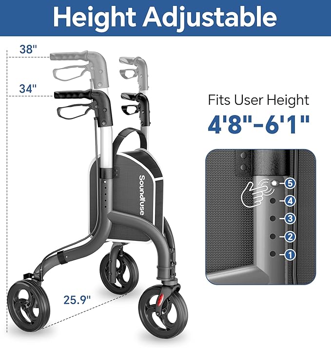 SOUNDFUSE 3 Wheel Walkers for Seniors, Lightweight Foldable Aluminum Rollator Walker, Height Adjustable Three Wheel Walker, Black