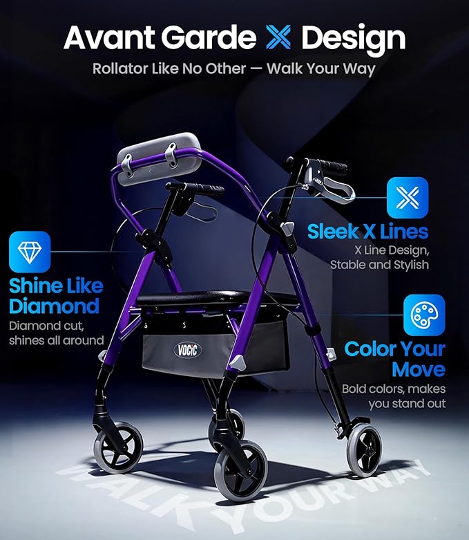 VOCIC Walkers for Seniors, Z12 Rollator Walker with Seat, Ergo Seat & Backrest, Foldable Rollator Adjustable Height, All Terrain Walker, Ultra Light