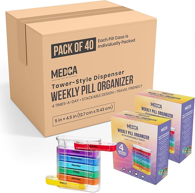 MEDca Weekly Pill Organizer, Four Times-a-Day, 1 Dispenser with Stackable AM/PM Compartments (Case of 40)