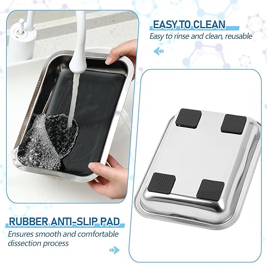 Conelist 4 Set 12.2 x 8.27 Inch Dissection Pan with Black Wax Thicken with 16 Rubber Nonslip Mat Reusable Stainless Steel Thicken Dissection Pan for Lab Experiment Junior Senior
