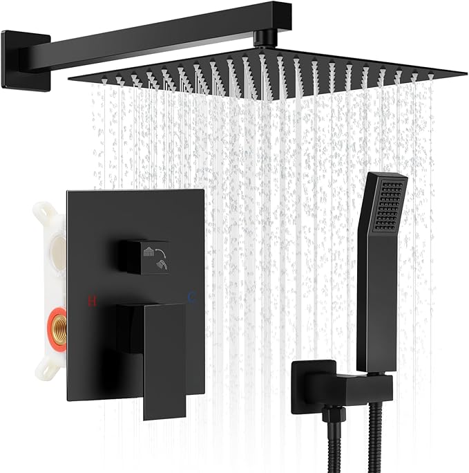 Black Shower Faucet Set, 10 inch Rain Shower System with Pressure Balance Valve, Wall Mounted 2-Functions Bathroom Shower Systems with Rain Shower and Handheld Spray Shower Trim Included