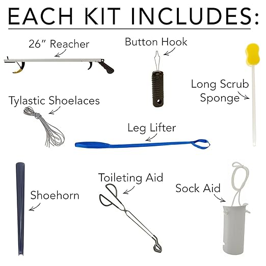 Sammons Preston Deluxe Hip/Knee Kit, Premium Recovery Kit Total Knee or Hip Surgery, Includes Reacher, Leg Lifter, Sock Aid, Shoehorn, Toilet Aid, Dressing Stick, Button Hook, Shoelaces, & Sponge