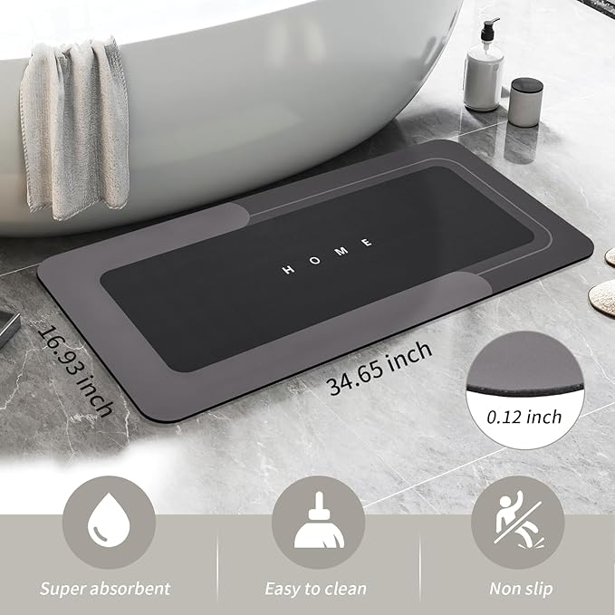 Housego Absorbent Bath Mat Magic Rug, Quick Drying Magic Bath Mat Non-Slip Floor Rug Rubber Backed for Bathroom Kitchen Shower Sink, Water Absorbent (1PC, 16.93''x34.65'', Black)