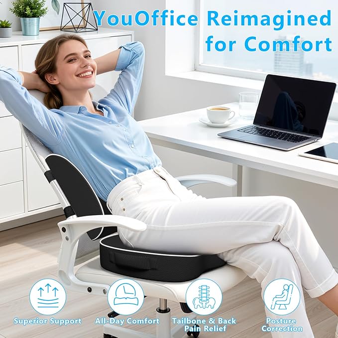 SweetSlubr Ergonomic Memory Foam Seat Cushion & Lumbar Support Pillow Set, Orthopedic Coccyx Cushion for Office Chair, Car, Home – Relieves Back, Sciatica & Tailbone Pain, Improves Posture Black/Large