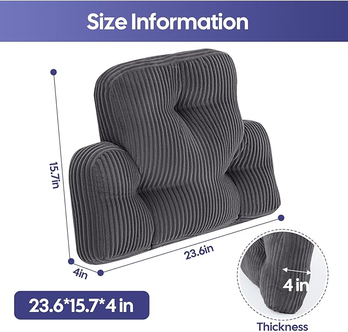 Lumbar Support Pillow for Recliner, Large Back Support Pillow for Office Chair, Tufted Corduroy Back Cushion for Elderly, Lower Back Pain Relief, Ideal for Sofa & Couch, Dark Grey