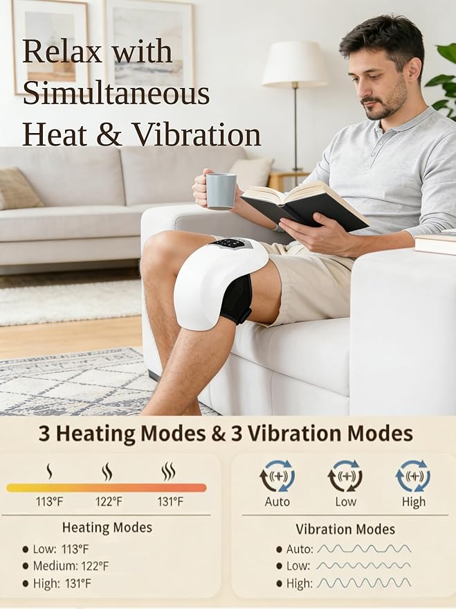Cordless Portable Knee Massager with Heat, 3 Vibration Modes, 3 Heating Levels for Pain Relief, LED Screen and Adjustable Straps, Gifts for Adults, Mom,Women and Men