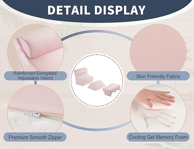 WSOFRLAC 6PCS Multi-Functional Bed Wedge Pillow Kit - 7-in-1 Orthopedic Support for Back/Neck/Legs, Post Surgery Recovery & Sitting Up in Bed, Post Surgery Foam for Body, Pink