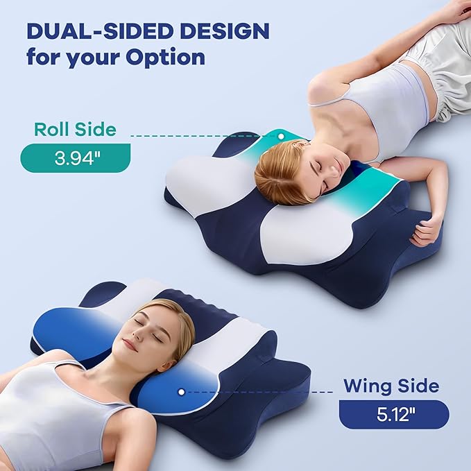 Cervical Neck Pillow for Pain Relief,Cervical Pillow with Memory Foam Ergonomic Pillows with Dual Heights for Back,Stomach and Side Sleepers Kids' Floor Pillows Cushions (Dark Blue, Standard 27"×16")