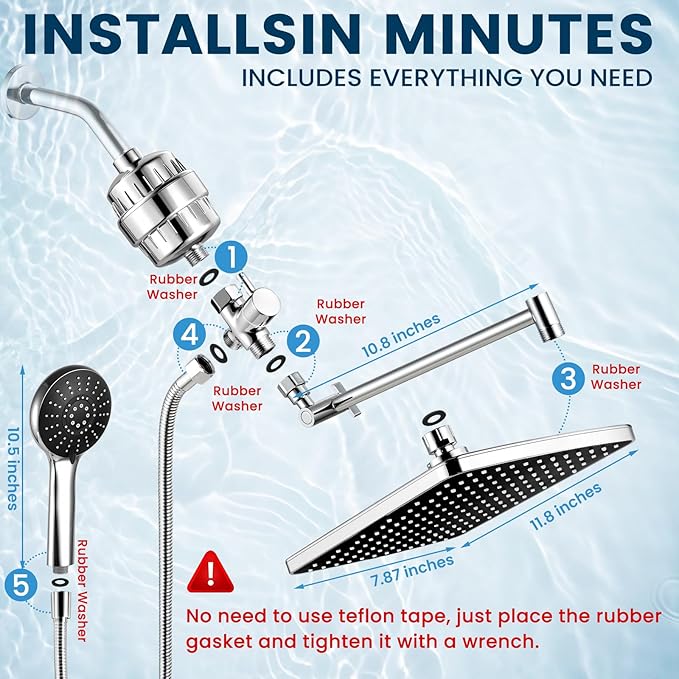 Filtered Shower Head with Handheld Combo,11.8 Inch Large Rectangular Chrome Rain Shower Head with 5 Modes Handheld Spray Combo,Adjustable Double Shower Heads with Holder and 11'' Extension Arm
