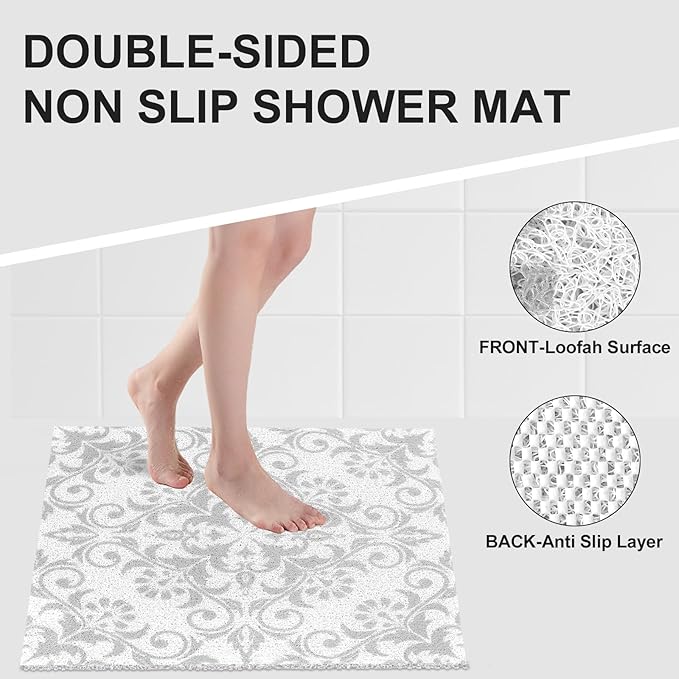 Non Slip Shower Mat: 24 X 24 Inch Stylish Square Shower Mats for Inside Shower - Soft PVC Loofah Trimmable Anti Slip Shower Mat for Elderly, Quick Drying