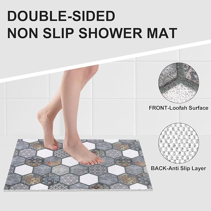 Extra Large Shower Mat: 24 X 36 Inch Stylish Shower Mats for Inside Shower - Soft PVC Loofah Trimmable Non Slip Shower Mat for Elderly, Quick Drying