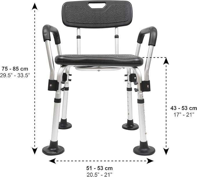 PEPE Mobility Shower Chair to Sit on in Shower, Height Adjustable with Non-Slip Tips, Removable Armrests, Tool-Free Assembly, Black, Safety Bath Seat