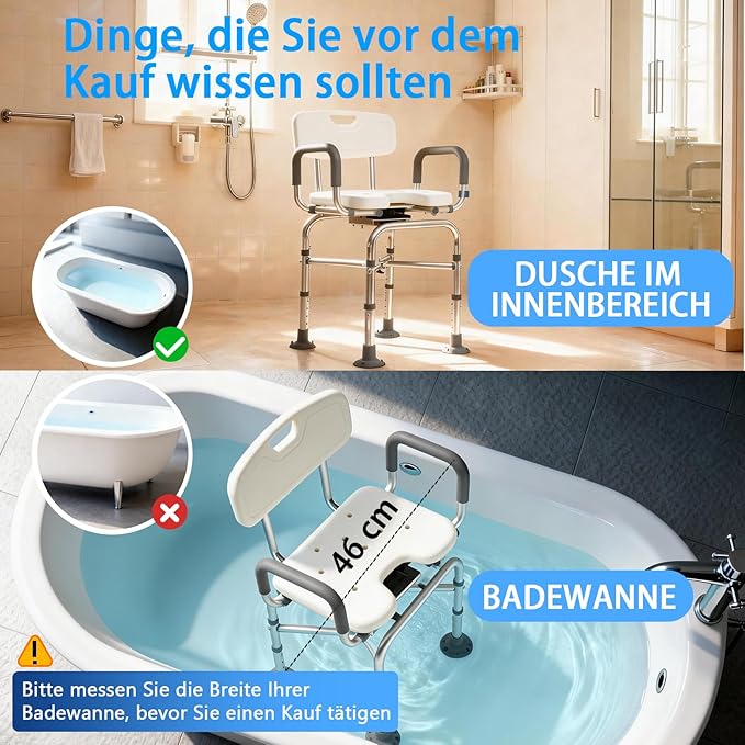 U 2-Level Width Adjustable 360° Heavy Duty Swivel Shower Chair for Inside Shower and Tub w/Reinforced X-Bar, 550lb Shower Seat for Bathtub w/Arms and Back for Seniors, Handicap, Elderly and Disabled