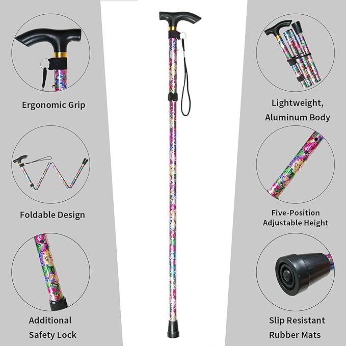 Folding Cane, 5-Level Adjustable Height Lightweight Portable Foldable Walking Canes with Wrist Strap and T Handle for Men Women Seniors