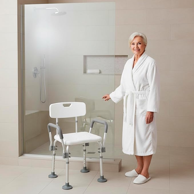 PEPE Mobility Shower Chair to Sit on in Shower, Height Adjustable with Non-Slip Tips, Removable Armrests, Tool-Free Assembly, White, Safety Bath Seat
