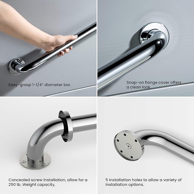 KIBI 24 Inch Curved Grab Bar for Bathroom Safety – Stainless Steel Anti-Slip Wall Mounted Support Rail for Showers, Tubs & Toilets, Senior Balance Aid, Rust-Resistant Chrome Finish