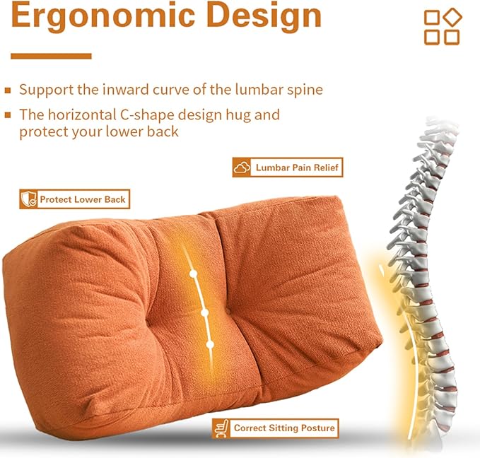Lumbar Support Pillow Small Lower Back Pillow for Office Chair, Car Seat, and Desk Chair Ergonomic High-Elasticity Cushion for Pain Relief and Comfort on Sofa, Bed, or Travel (Orange)