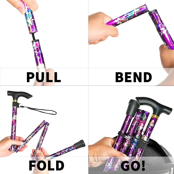 Folding Cane, 5-Level Adjustable Height Lightweight Portable Foldable Walking Canes with Wrist Strap and T Handle for Men Women Seniors