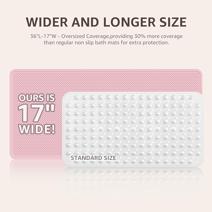 OTHWAY Bathtub Mat Non Slip, Extra Long Rubber Bath Mat for Tub, Machine Washable Shower Anti Slip Mat with 332 Strong Suction Cups (Pink, 36" x 17")
