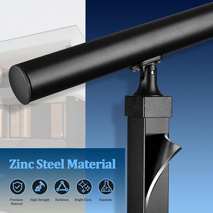 Handrails for Outdoor Stairs,3-4 Step Hand Rails for Outdoor Steps, Reinforced Wrought Iron Railing, Black Exterior Hand Railing for Porch, Deck, or Indoor Stairs