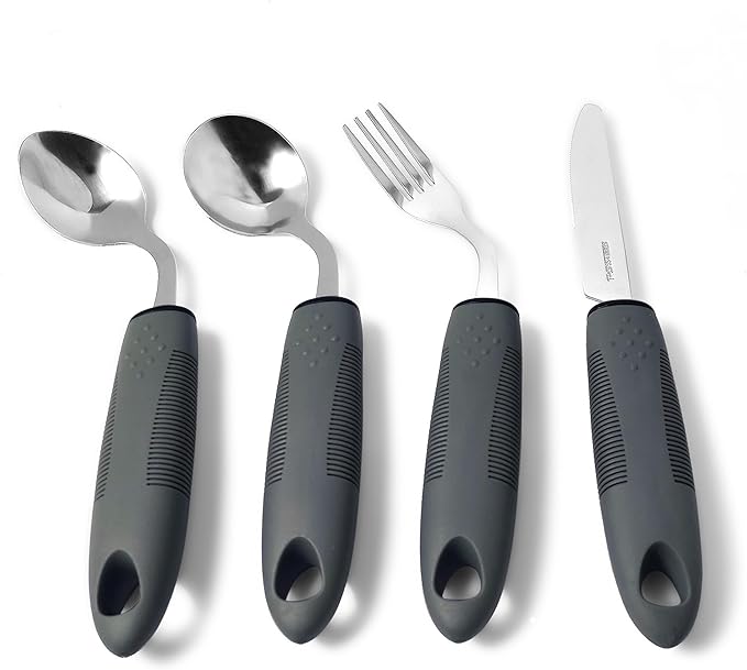 4 Pcs Adaptive Utensils for Elderly, 45° Angled Built Up Handle Utensils for Adults, Arthritis Silverware for Parkinsons Patients, Eating Utensils for Hand Tremors(Right-Handed)
