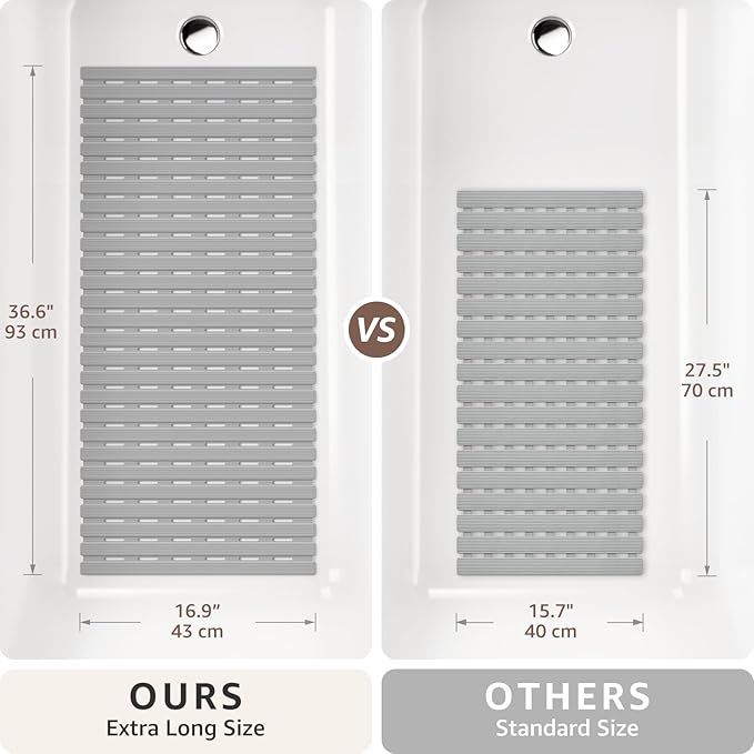OTHWAY Anti Slip Shower Mat, 36.6" x 16.9" Soft Shower Mats for Inside Shower, Non Slip Shower Bath Mat for Tub with Suction Cups, Machine Washable Shower Floor Mat with Drainage Holes, Light Grey