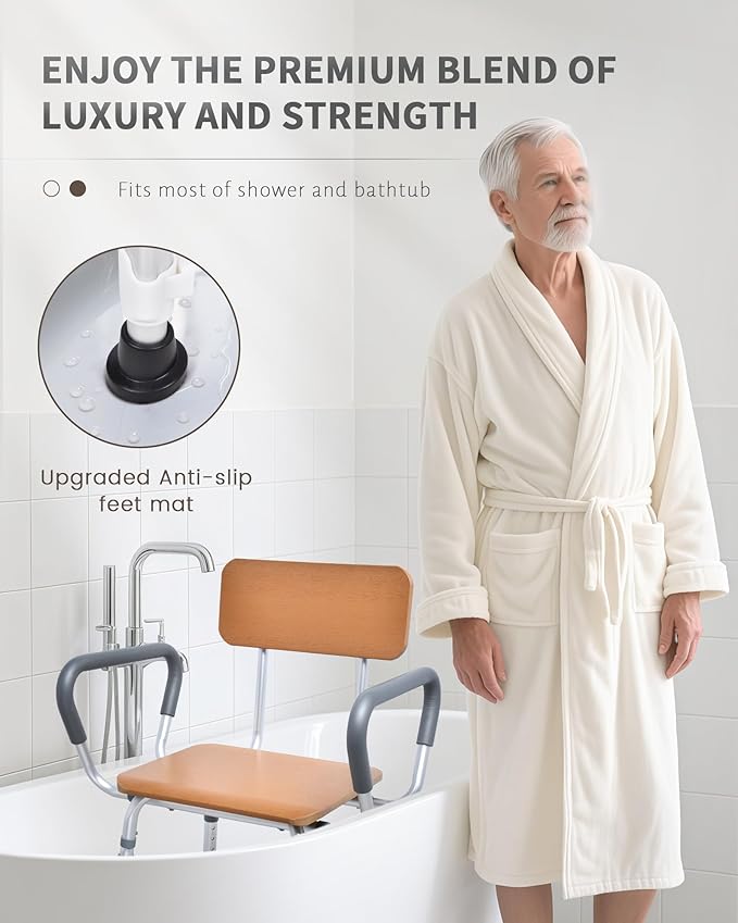 Sangohe Shower Chair for Inside Shower with Arms and Back, Height Adjustable Shower Chair for Elderly and Disabled, Wood Seat Board and Back, 400 lbs Heavy Duty Shower Seat for Seniors, 796A