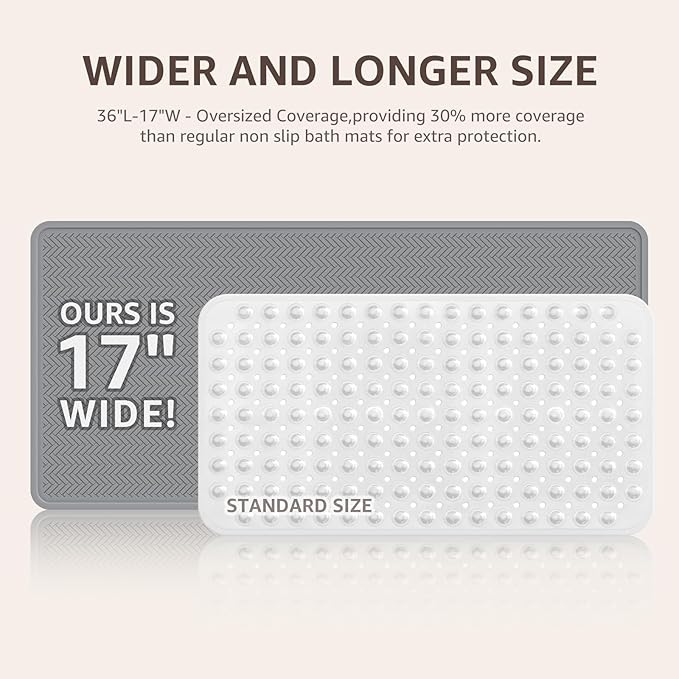 OTHWAY Bathtub Mat Non Slip, Extra Long Rubber Bath Mat for Tub, Machine Washable Shower Anti Slip Mat with 332 Strong Suction Cups (Grey, 36" x 17")