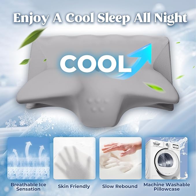 Cervical Pillow for Neck Pain Relief, Cooling Contour Memory Foam Pillows Support Odorless Ergonomic Neck Pillow Adjustable Orthopedic Bed Pillow for Side Back Stomach Sleeper with Pillowcase,Grey