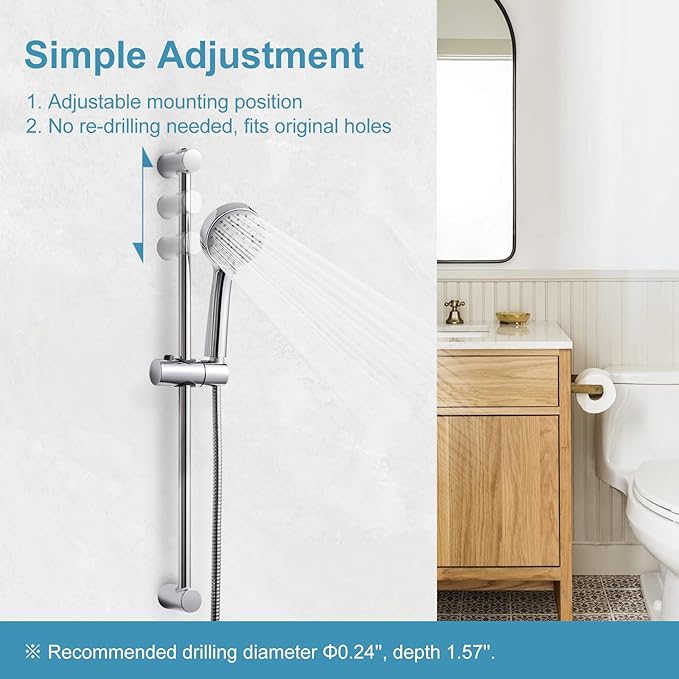 OFFO Shower Slide Bar Combo, Adjustable 21 in Slide Bar with 3-Mode Round Handheld Shower Head and 60 in Stainless Steel Hose, Screw Wall Mounted, Chrome Finish